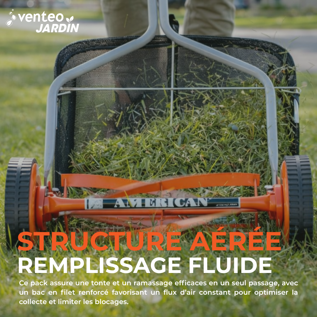 Pack tondeuse manuelle hélicoïdale 4 lames et bac ramassage